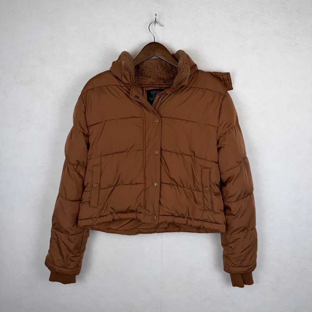 Aeropostale Remixed Down Puffer Jacket Womens Medium Brown Sherpa Crop Gorpcore - Picture 1 of 6